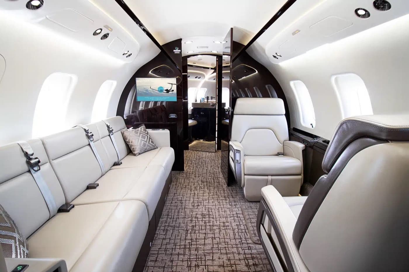 The cabin interior of a Leviate-managed private jet