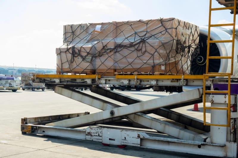Air cargo pallet being loaded onto an aircraft