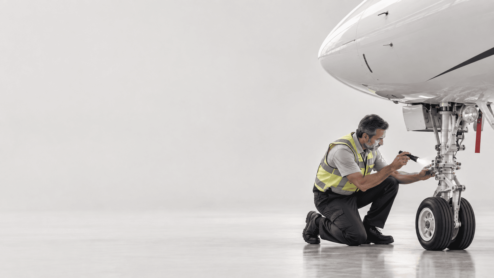 Aircraft maintenance technician inspecting the nose landing gear of a private jet