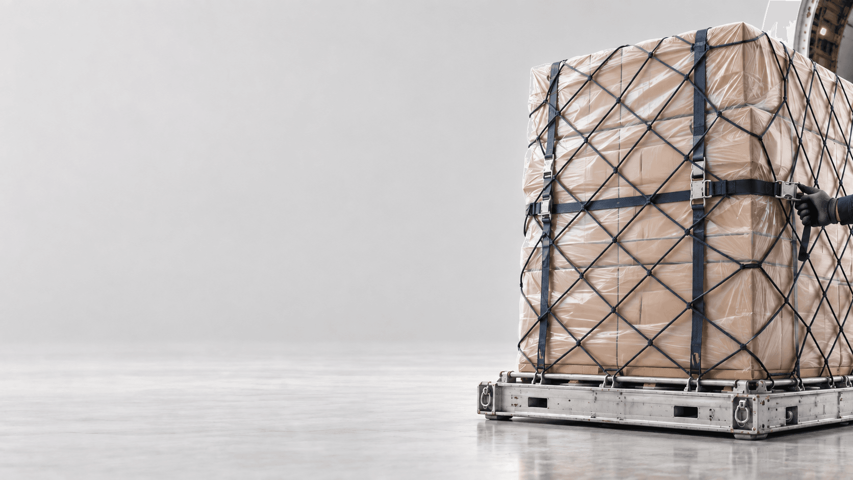 Secured air-freight pallet beside an aircraft cargo doorway