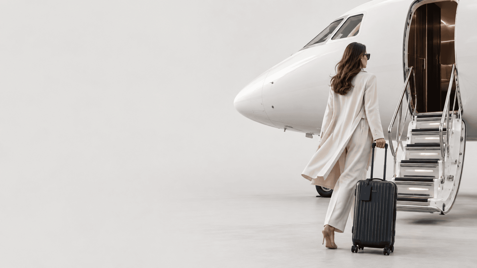 Traveler approaching the stairs of a private jet with a carry-on