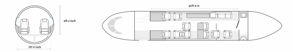 Bombardier Global 5000 floor plan with cabin dimensions